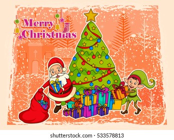 vector illustration of Santa Claus with Elf for Merry Christmas holiday celebration background