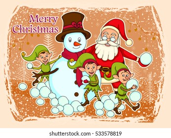 vector illustration of Santa Claus and Elf making Snowman for Merry Christmas