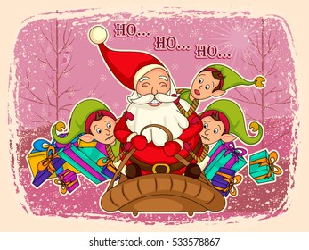 vector illustration of Santa Claus with Elf for Merry Christmas holiday celebration background