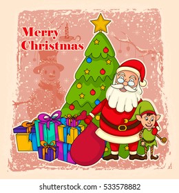 vector illustration of Santa Claus with Elf for Merry Christmas holiday celebration background