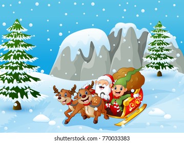 Vector illustration of Santa claus and elf sliding in the snowing hill