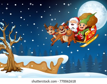Vector illustration of Santa Claus and elf riding deer sleigh flying over hill