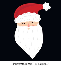 Vector illustration of Santa Claus' face and red hat. Cute cartoon funny character. Children's greeting card. Children's cute background. On black background.