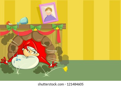 vector illustration of Santa Claus falling from fireplace on Christmas