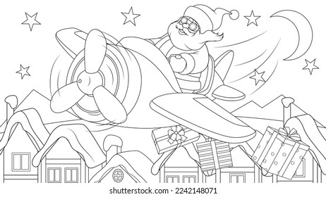 Vector illustration, Santa Claus flies on a plane carrying gifts, book coloring.