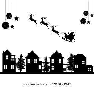 vector illustration of Santa Claus flying in his sleigh with reindeers over houses on Christmas Eve 