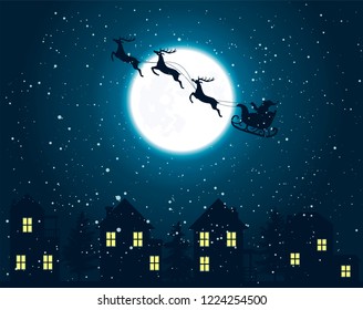 vector illustration of Santa Claus flying over house roofs in snowing Christmas night. full moon, santa sleigh and deers, snowflakes