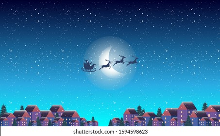 vector illustration of Santa Claus flying over the sleeping city at Christmas Eve, night sky, snowfall, sleigh with reindeers and village rooftops