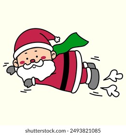 Vector illustration of santa claus flying like a Superman with green cape  , isolated on light yellow background