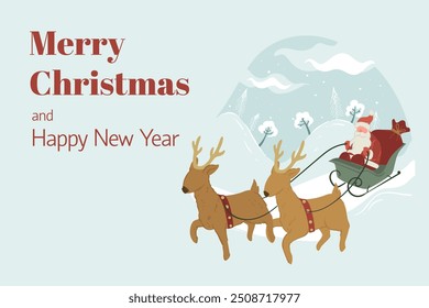 Vector illustration of Santa Claus flying in his sleigh with reindeer over snowy hills. Illustration in a festive, traditional style on a light background.