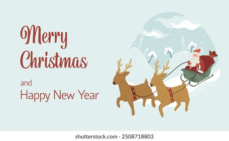 Ilustración vectorial de Santa Claus volando en su trineo con renos sobre colinas nevadas. Ilustración en un estilo festivo, tradicional sobre un fondo claro.