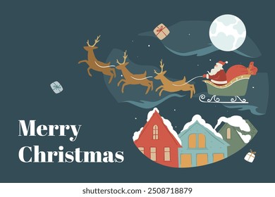 Ilustración vectorial de Santa Claus volando en su trineo con renos sobre una aldea nevada. Ilustración en un estilo festivo, tradicional sobre un fondo oscuro.