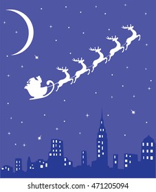 vector illustration of Santa Claus flying over city