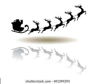 vector illustration of Santa Claus flying with reindeer reflection background 