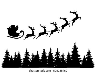 vector illustration of Santa Claus flying with deer over trees