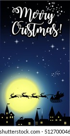 Vector illustration of Santa Claus flying with deer under town