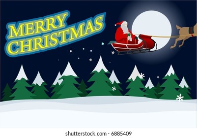 A vector illustration of Santa Claus flying over a snowy landscape at night, with Christmas message.