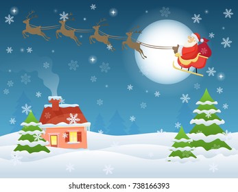 Vector illustration of Santa Claus flying over house and trees at night. Christmas eve landscape greeting card.