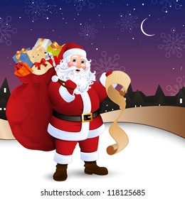 Vector Illustration of Santa Claus in front of the City