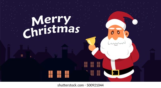 Vector Illustration of Santa Claus in front of the City. Merry Christmas banner. Flat style design.