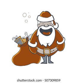 Vector Illustration of Santa Claus with full sack of gifts. Picture isolate on white background