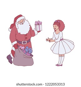 Vector illustration of Santa Claus getting gift box from his bag and giving it to little smiling girl in festive dress in sketch style isolated on white background for Christmas and New Year concept.