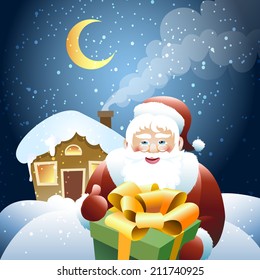 vector illustration of Santa Claus with gift against his hut