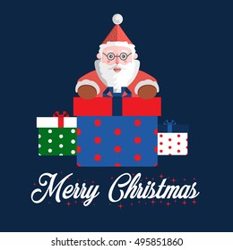 Vector illustration Santa Claus with gift box and text Merry Christmas on dark blue background. Cartoon winter holidays character illustration for greeting card