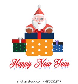 Vector illustration Santa Claus with gift box and text Happy New Year on white background. Cartoon winter holidays character illustration for greeting card