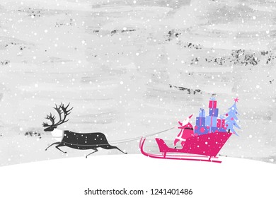 Vector illustration of Santa Claus with a lot of gifts on a sleigh and his reindeer. Christmas card.