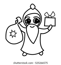 Vector illustration of Santa Claus with gifts black and white 