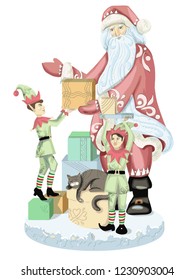 Vector illustration of santa claus giving presents to elves