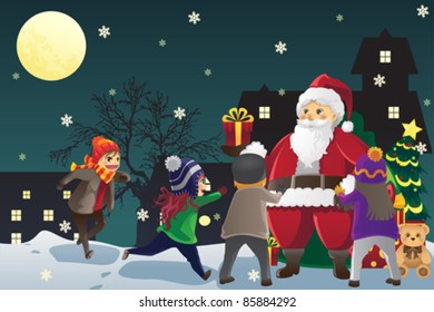 A vector illustration of Santa Claus giving out Christmas presents to kids