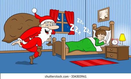 vector illustration of a santa claus goes on tiptoe