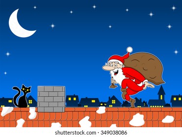 vector illustration of a santa claus goes on tiptoe