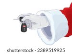 vector illustration of santa claus hand holding car keys,remote,vehicle,unlock car door,driving during holiday season,gift,merry christmas,happy new year,drive safely throughout trip,isolated on white