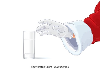 vector illustration of santa claus hand reaching for glass of water,clean drinking water,healthy mineral drink,solated on white,empty space for greeting,Merry Christmas and Happy New Year background.