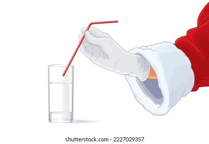 vector illustration of santa claus hand holding plastic red straw put it into glass of water,clean drinking water for health, isolated on white,Merry Christmas and Happy New Year background.