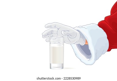 vector illustration of santa claus hand reaching for glass of milk,enjoy drinking milk,isolated on white background,Merry Christmas,Happy New Year,Campaign to drink milk,Good health,Strong bones.