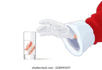 vector illustration of santa claus hand reaching for two acrylic dentures immersed in glass of water,false teeth,isolated on white,Merry Christmas,Happy New Year,Healthy clean teeth, oral health care.