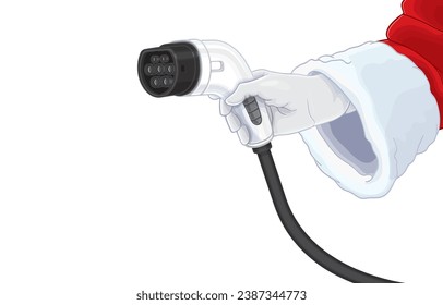 vector illustration of santa claus hand holding AC type 2 EV charging connector,electric vehicle charging connector for recharge vehicle,Merry Christmas,Festival travel,isolated on white.