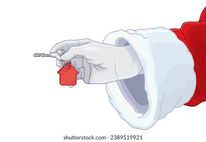 vector illustration of santa claus hand holding house key,housing gifts,ownership,property,real estate,rent,sale,sell,accommodation,apartment,merry christmas,happy new year,isolated on white.