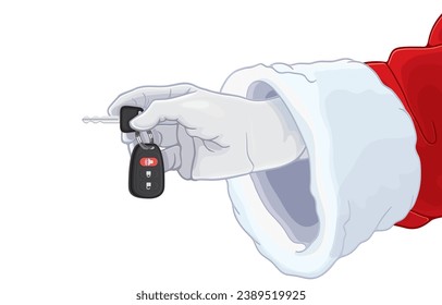 vector illustration of santa claus hand holding car keys,remote,vehicle,unlock car door,driving during holiday season,gift,merry christmas,happy new year,drive safely throughout trip,isolated on white