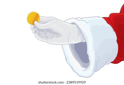 ilustración vectorial de la mano de santa claus sosteniendo moneda de oro, bitcoin dorado, moneda digital, criptodivisa, dinero, riqueza, regalo, navidad de navidad, feliz año nuevo, aislado en fondo blanco.