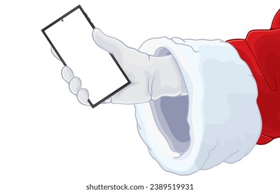 vector illustration of santa claus hand holding smartphone with white blank screen,Merry Christmas,Happy communication on holidays,isolated on white.Wishing happiness with wireless technology.