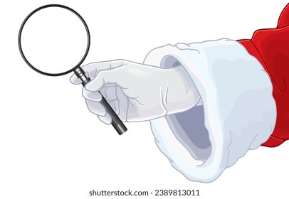 vector illustration of santa claus hand holding magnifying glass,Merry Christmas,Happy New Year,isolated on white background.Expand picture of happiness,look closely,see details,look carefully.