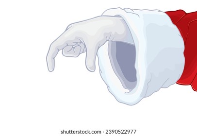vector illustration of santa claus hand with white glove catching something,pick up objects with thumb,forefinger,Happy New Year,Merry Christmas,isolated on white.Space to present happy wishes.