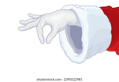 vector illustration of santa claus hand with white glove making gesture of catching something delicately,pick up small items,Happy New Year,Merry Christmas,on white.Space to present happy wishes.