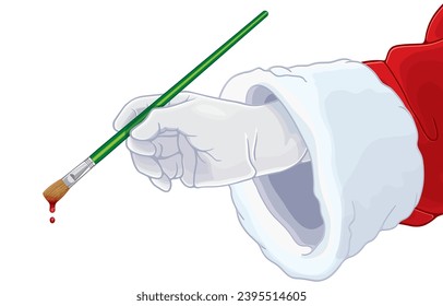 vector illustration of santa claus hand holding flat artistic paint brush with green handle,red painted tip with red drops,paint colors of happiness,merry christmas,happy new year,isolated on white