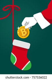 Vector illustration of Santa Claus hand holding a golden bitcoin dropping it into Christmas stocking. Bitcoin, cryptocurrency, money, wealth, gift concept design element in flat contemporary style